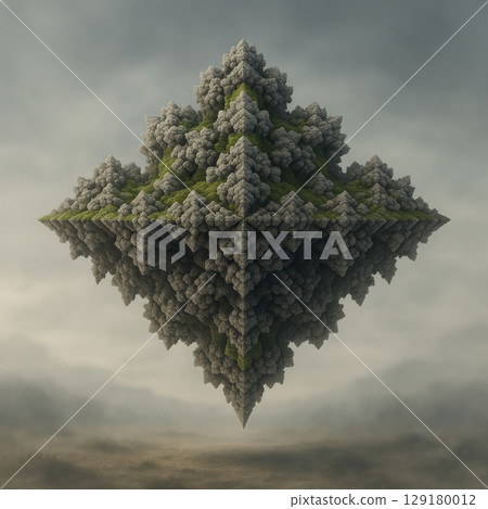 Soaring fantastic fractal cubic island in the clouds. Soaring fantastic fractal cubic island in the clouds. 129180012