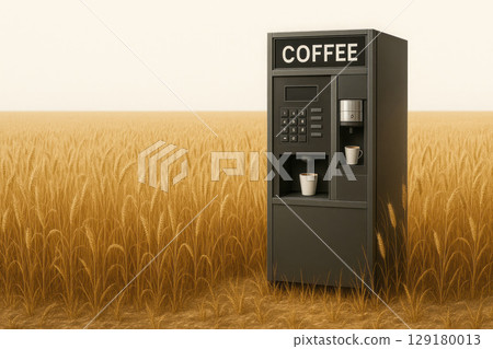 Coffee machine in the middle of a wheat field. Space for text. 129180013