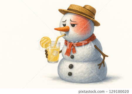 A snowman in a hat drinks lemonade with a sad expression. 129180020