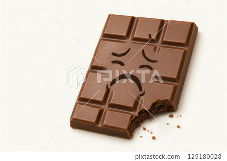 Bitten chocolate bar with a sad face. Space for text. 129180028