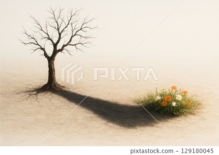 A dry tree that gives shade with flowers. Space for text. A dry tree that gives shade with flowers. Space for text. 129180045