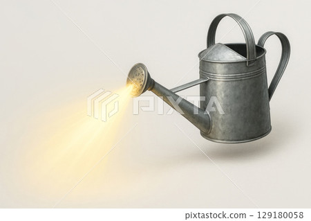 A watering can from which light pours instead of water. Space for text. A watering can from which light pours instead of water. Space for text. 129180058