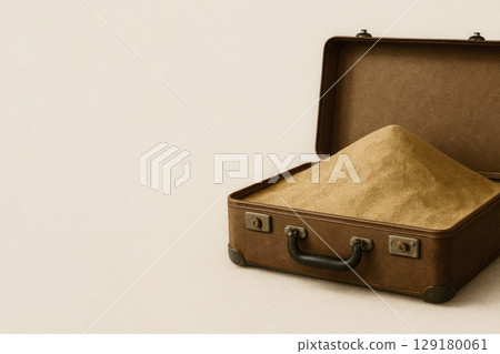 A suitcase filled with sand. Space for text. 129180061