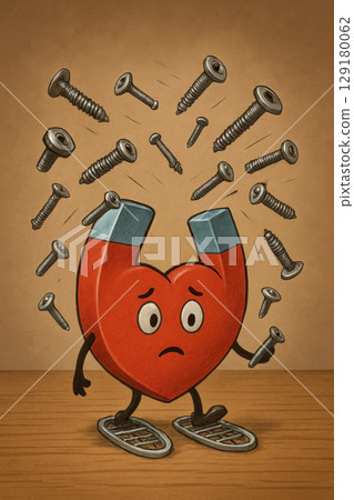 The magnet heart attracts the screws and looks worried. 129180062