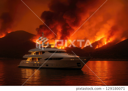 Yacht on the water against the background of burning forest and smoke. 129180071