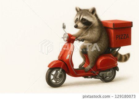 Raccoon pizza delivery man on a red scooter. Space for text. 129180073