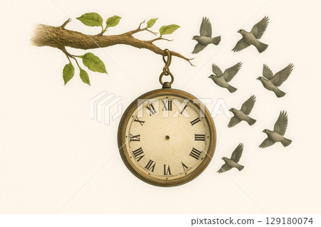 A clock on a branch, surrounded by birds, symbolizes the passing of time. Space for text. 129180074
