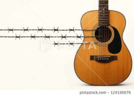 Guitar with barbed wire stretched instead of strings, insulation on a light background. Space for text. 129180076
