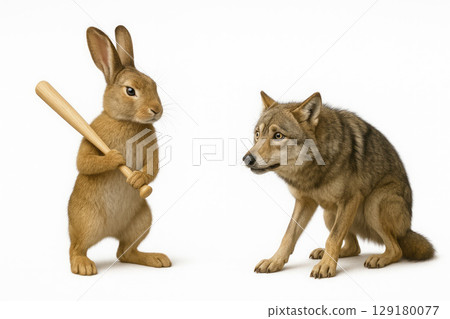 Rabbit with bat against wolf on white background. 129180077