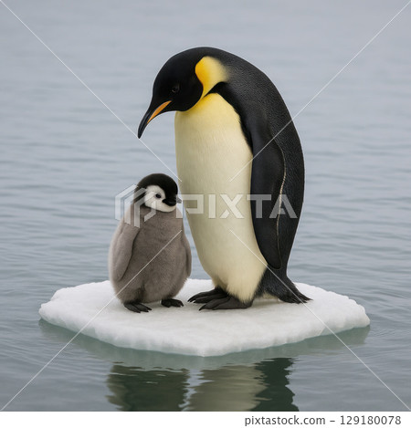 Emperor penguin with a chick on an ice floe. 129180078