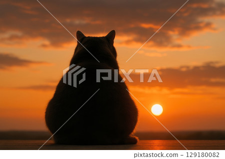 The silhouette of a cat against the background of the sunset, a thoughtful atmosphere. Space for text. 129180082