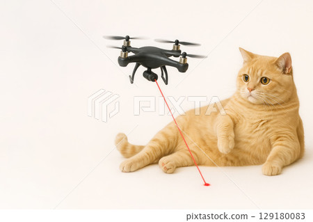 A fat cat watches the laser from a drone. Space for text. 129180083