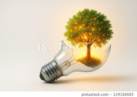 A tree with fruits grows inside a broken light bulb. Space for text. A tree with fruits grows inside a broken light bulb. Space for text. 129180085