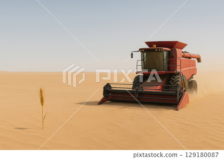 A red harvester in the desert and a lonely ear of wheat. Space for text. 129180087