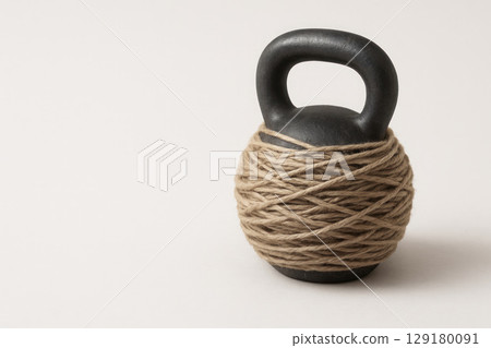 A black kettlebell wrapped in a ball of twine. Space for text. 129180091