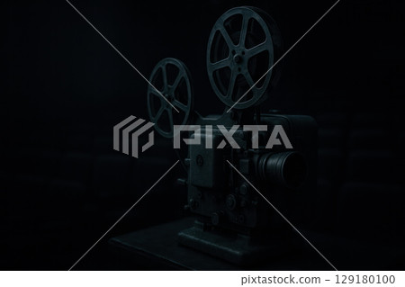 An old movie projector in a dark cinema hall. Space for text. An old movie projector in a dark cinema hall. Space for text. 129180100