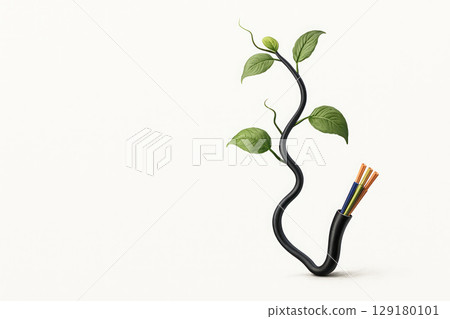 A green plant grows from an electric cable. Space for text. 129180101