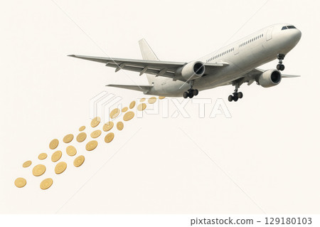 The plane drops gold coins in flight. Space for text. The plane drops gold coins in flight. Space for text. 129180103