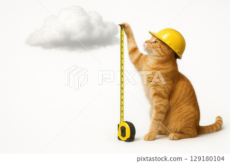 A cat in a helmet measures the height of a cloud with a tape measure. Space for text. 129180104