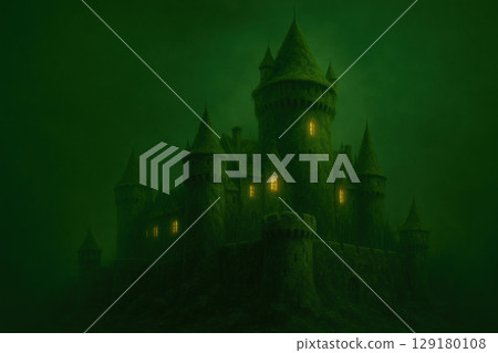 A mysterious castle illuminated in the fog at night. 129180108