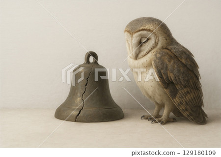 An owl next to a cracked bell on a clean background. Space for text. 129180109