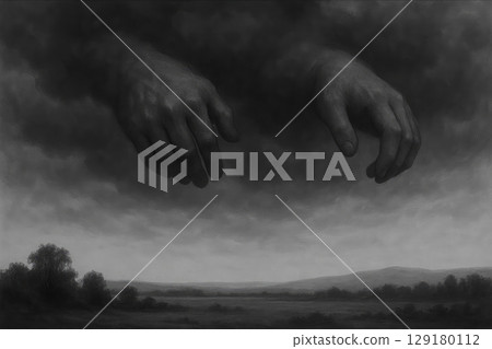 Giant human hands hang over the field and clouds. Giant human hands hang over the field and clouds. 129180112