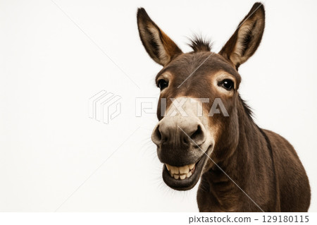 A donkey is smiling on a white background. Space for text. A donkey is smiling on a white background. Space for text. 129180115