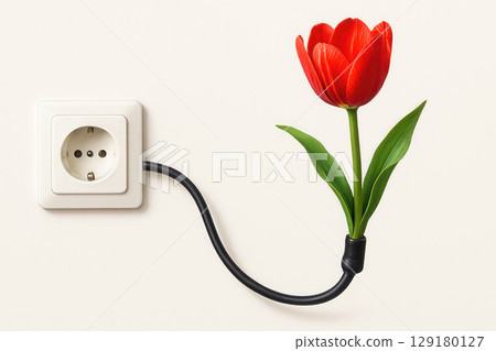 An electrical outlet with a blooming tulip. 129180127