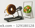 A donut on a treadmill looks in the mirror at a salad. 129180128