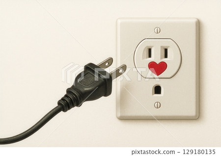 The plug in front of the socket has a hole with a heart icon. Space for text. The plug in front of the socket has a hole with a heart icon. Space for text. 129180135