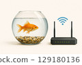 Goldfish in an aquarium with Wi-Fi router. Space for text. 129180136