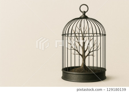 A tree in a cage as a symbol of limited freedom. Space for text. 129180139