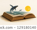 Whales jump out of the ocean created on the pages of the book. 129180140