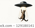 A cat that is kidnapped by a flying saucer. Space for text. 129180141