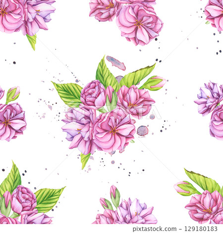 Flowers Seamless Pattern on a white background. Watercolor botanical background of cherry blossom flowers. Pattern with Sakura flowers. Wallpaper of Pink flowers for your designs, wallpapers, clothing 129180183
