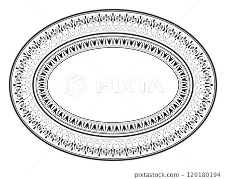 Porcelain oval plate abstract floral pattern. Vintage porcelain plate with elegant floral pattern. Oval frame for round surfaces, embroidery, engraving 129180194
