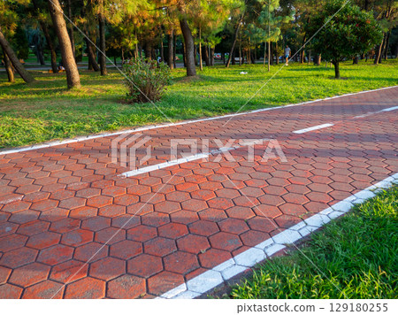 Bike lane concept. Healthy lifestyle. Urban space in a modern resort. Smart urbanism. Bicycle path close-up Bike lane concept. Healthy lifestyle. Urban space in a modern resort. Smart urbanism. Bicycle path close-up 129180255