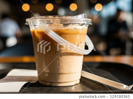 Takeout Coffee Bucket on Tray Inside Cafe 129180363