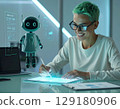 Engineer collaborating with AI assistant 129180906