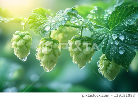 Fresh Green Hop Cones with Morning Dew in Sunlit Garden Generative AI 129181088