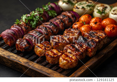 Grilled Meat Skewers with Vegetables: Perfect for BBQ Gatherings and Summer Picnics Generative AI 129181125