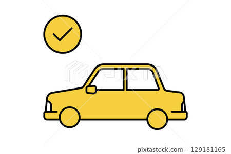 一輛通過車輛檢驗的轎車和一個複選標記，一個簡單可愛的線條畫圖標 129181165