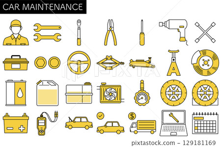 Simple and cute line drawing icons of car maintenance, Simple and cute line drawing icons of car maintenance, 129181169