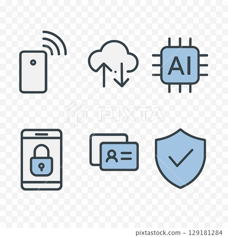 Digital transformation (DX) icon set (IoT sensors, cloud synchronization, AI chips, mobile access, security) 129181284