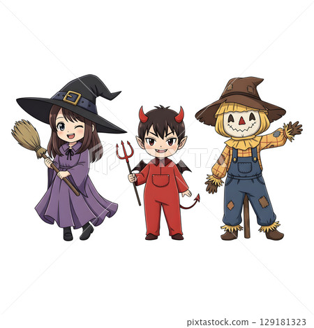 A cute child in a anime-style cartoon Halloween costume, happy for Halloween. Transparent background. A cute child in a anime-style cartoon Halloween costume, happy for Halloween. Transparent background. 129181323