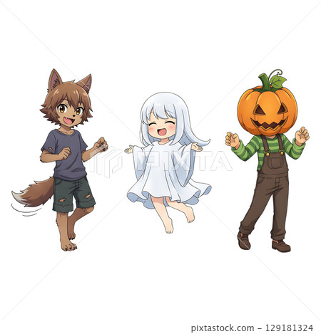 A cute child in a anime-style cartoon Halloween costume, happy for Halloween. Transparent background. 129181324