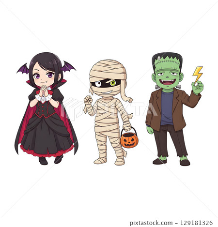 A cute child in a anime-style cartoon Halloween costume, happy for Halloween. Transparent background. 129181326