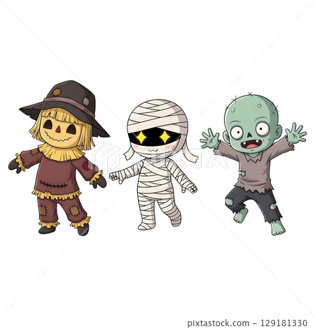 A cute child in a anime-style cartoon Halloween costume, happy for Halloween. Transparent background. A cute child in a anime-style cartoon Halloween costume, happy for Halloween. Transparent background. 129181330