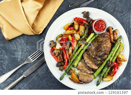 Sliced baked duck breast, barbecue. Sliced baked duck breast, barbecue. 129181397