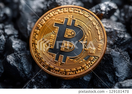 Bitcoin Cryptocurrency Concept with Gold Coin on Coal, Symbolizing Digital Economy and Blockchain Technology Generative AI 129181478